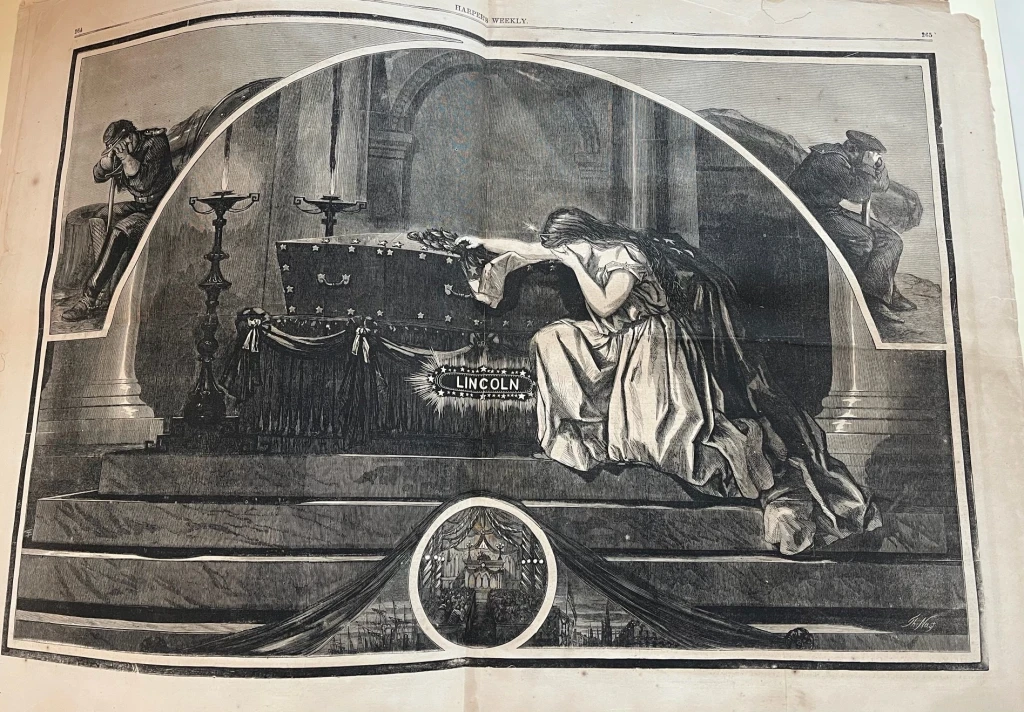 Illustration showing an angel weeping over Lincoln's casket.