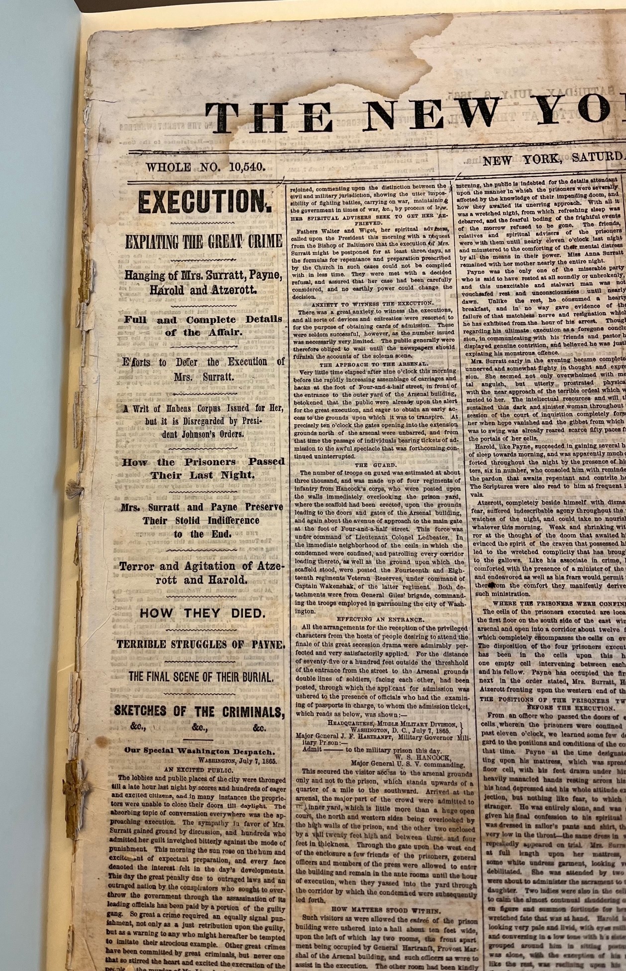 Front page of the New York Herald showing headlines of the executions.