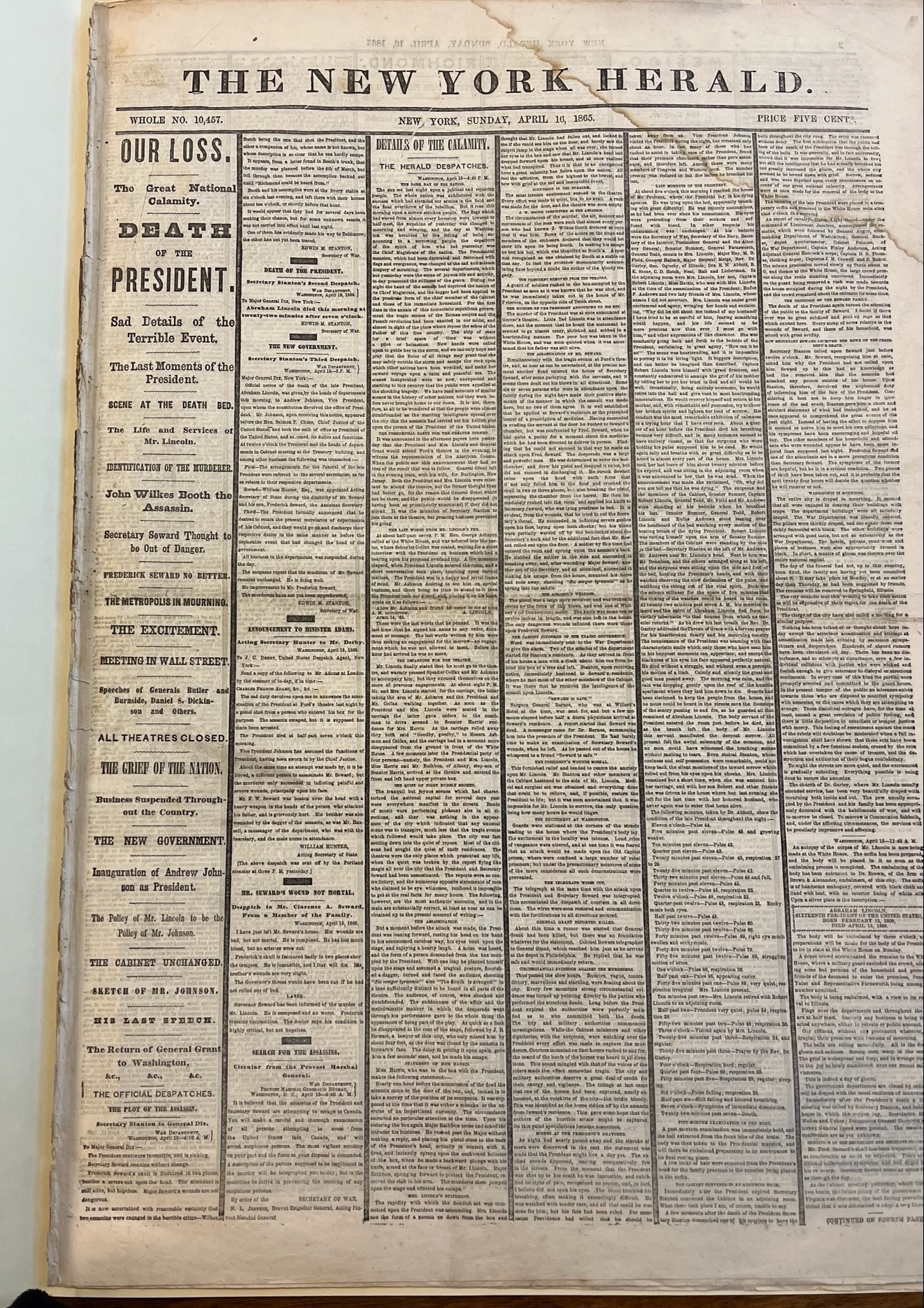First page of the New York Herald dated April 16,1865 with black borders.