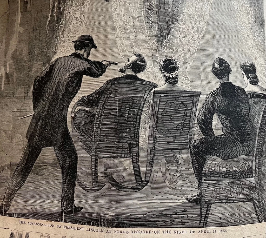 Illustration of John Wilkes Booth shooting Abraham Lincoln on April 14, 1865.