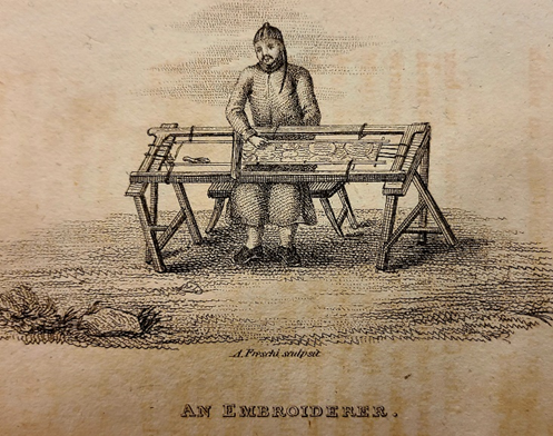 Image of a Chinese man weaving with caption "an embroiderer".